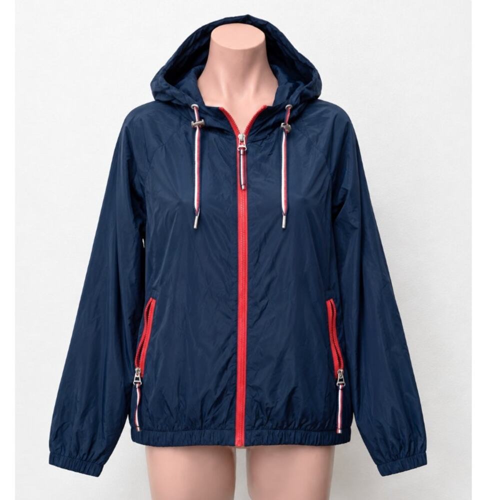 Tommy Hilfinger Navy Blue Red Trim Hooded Long Sleeve Zip Windbreaker Jacket S